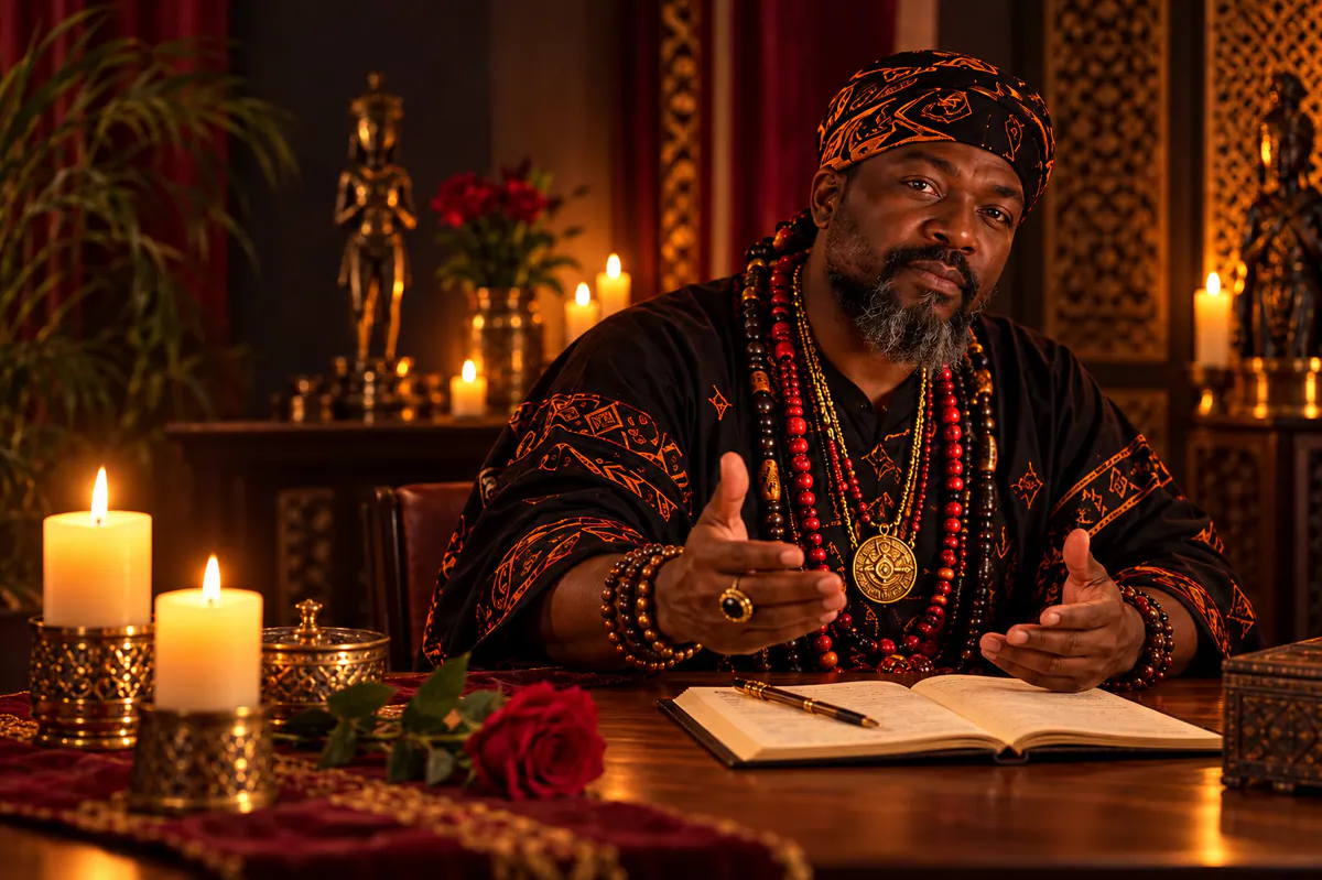 Sacerdote Tata Mavambu sentado diante de um caderno durante uma conversa de orientação amorosa