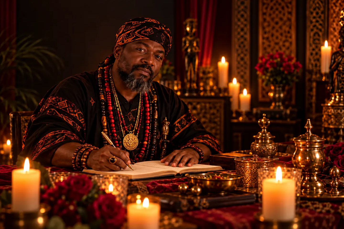 Sacerdote Tata Mavambu escrevendo em um caderno durante uma consulta espiritual em ambiente iluminado por velas